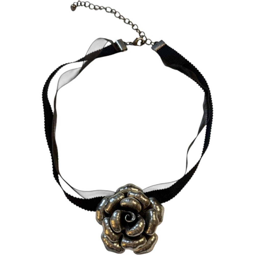 Vintage Silver Tone Rose Flower Choker Black Ribbon Organza Layered Necklace